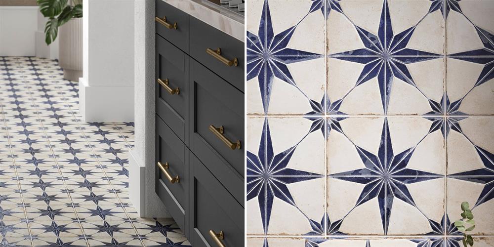 Celestial blue patterned tiles in a kitchen